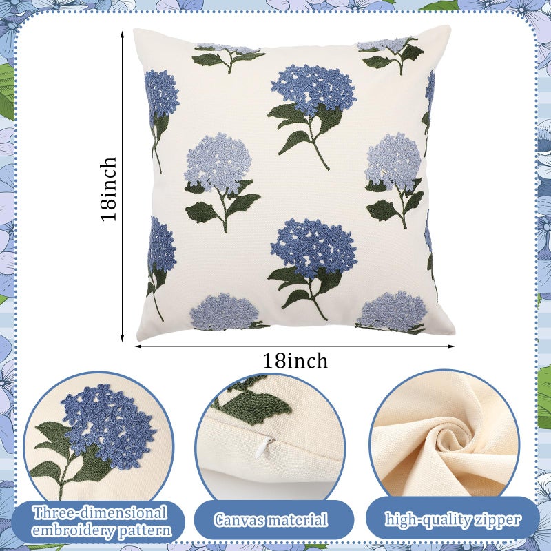 FuWeave 2 Pcs Spring Embroidered Pillow Covers Vintage Blue Hydrangea Decorative Throw Pillow Covers 18x18 Inch Boho Chinoiserie Cushion Cover Aesthetic Decor for Couch Sofa Housewarming Gifts - Image 2