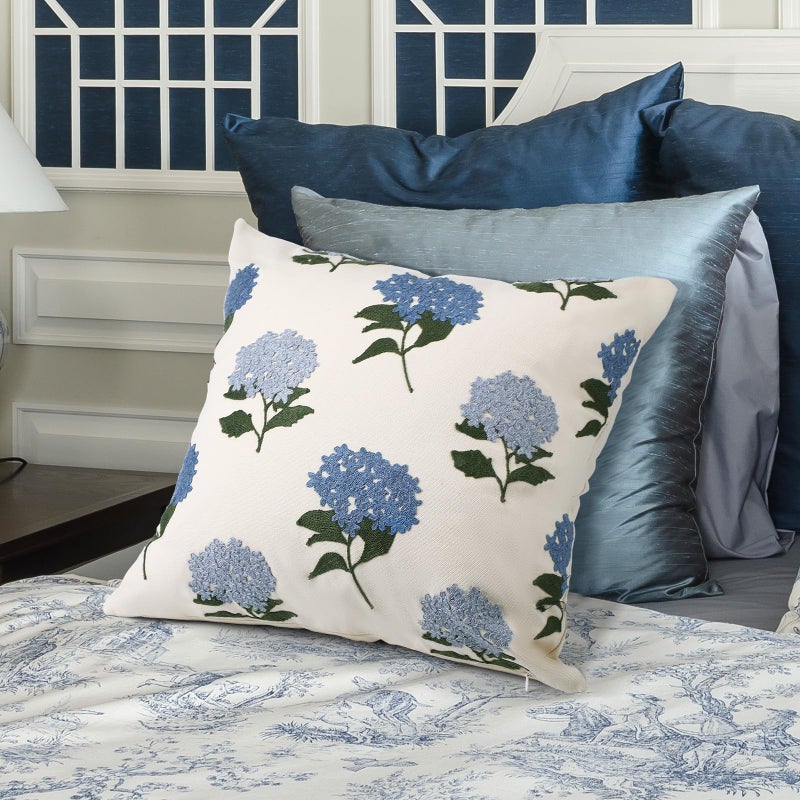FuWeave 2 Pcs Spring Embroidered Pillow Covers Vintage Blue Hydrangea Decorative Throw Pillow Covers 18x18 Inch Boho Chinoiserie Cushion Cover Aesthetic Decor for Couch Sofa Housewarming Gifts - Image 5