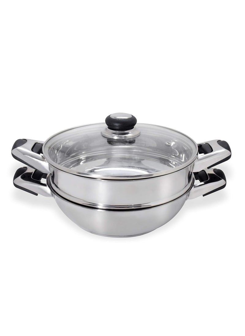 Pristine Pristine Stainless Steel Tri Ply Induction Base Multipurpose Kadai and Steamer with Glass Lid | 1 Kadai, 1 Steamer Basket, 1 Glass lid (22cm, Silver)  - Image 2