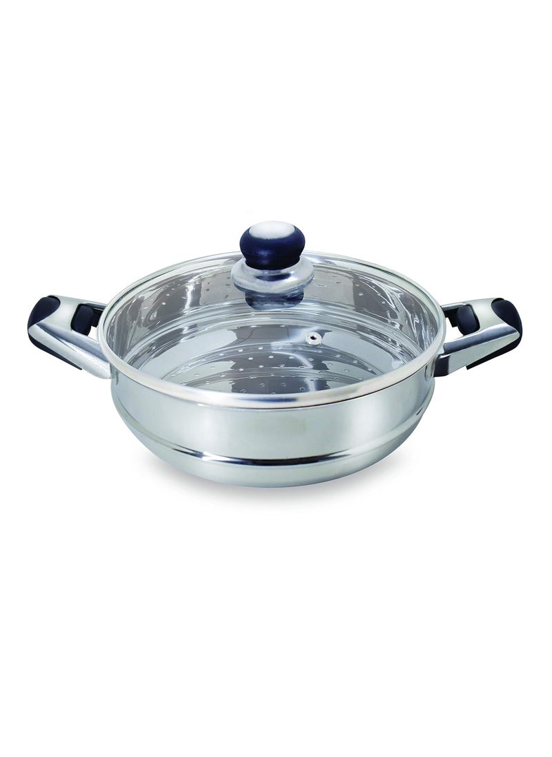 Pristine Pristine Stainless Steel Tri Ply Induction Base Multipurpose Kadai and Steamer with Glass Lid | 1 Kadai, 1 Steamer Basket, 1 Glass lid (22cm, Silver)  - Image 3