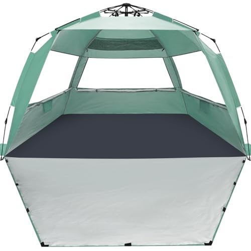 WhiteFang Deluxe XXL Pop Up Beach Tent Sun Shade Shelter for 56 Person UV Protection Extendable Floor with 3 Ventilating Windows Plus Carrying Bag Stakes and Guy Lines Mint Green - Image 1