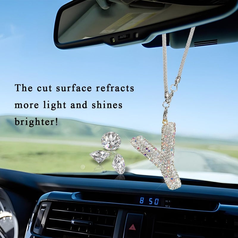 DXNQ Bling Initial Car Rear View Mirror Ornament, Crystal Sparkling Cute Letter Charm Pendant Auto Decor, Hanging Lucky Diamond Initial Charm Car Mirror Bag Ornament for Girl Women (Letter Y) - Image 3