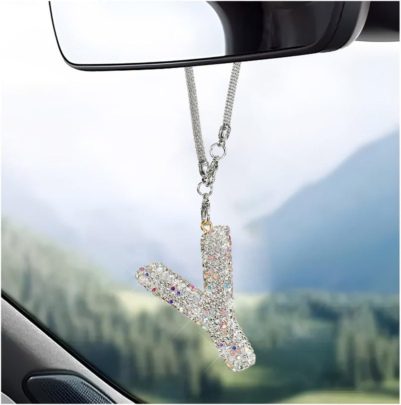 DXNQ Bling Initial Car Rear View Mirror Ornament, Crystal Sparkling Cute Letter Charm Pendant Auto Decor, Hanging Lucky Diamond Initial Charm Car Mirror Bag Ornament for Girl Women (Letter Y) - Image 1