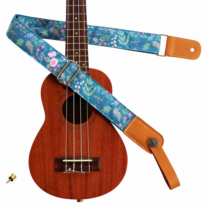 MUSIC FIRST Original Design Vintage “Dawn Fog Garden” Soft Muslin & Genuine Leather Ukulele Strap Ukulele Shoulder Strap With a MUSIC FIRST Genuine Leather Strap Locker - Image 1