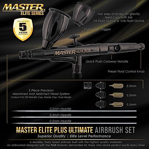 Master Airbrush Master Elite Plus Ultimate Airbrush Set, Model 120 - Elite Level Spray Performance Dual-Action Gravity Feed Airbrush Kit with 3 Tips 0.2, 0.3 and 0.5 mm, 2 Cups, Filter, Case - Auto Art Cake Hobby - Image 2