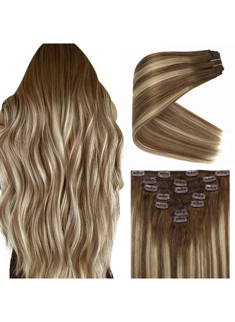 Ve Sunny Ve Sunny Clip in Hair Extensions Balayage Human Hair Clip in Extensions Ombre Chestnut Brown to Platinum Blonde Clip in Hair Extensions Real Human Hair for Holiday Party 120g 7pcs 16inch 