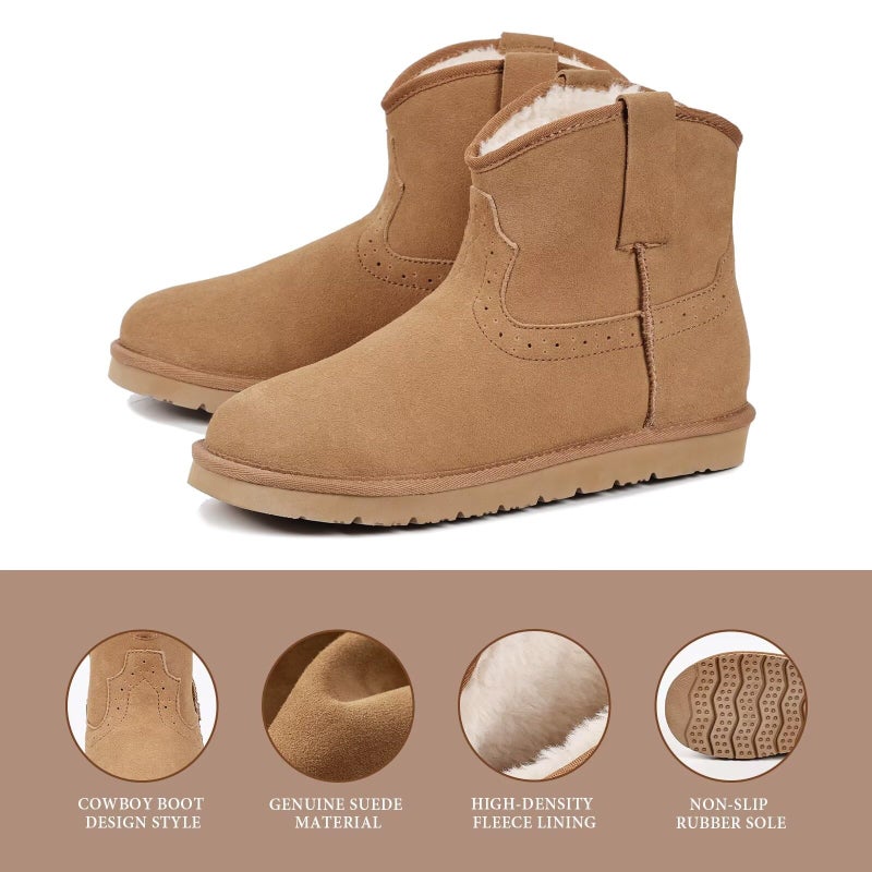OOW 100% Genuine Leather Ankle Boots for Women, Warm Slip on Winter Boots Snow Booties - Image 4
