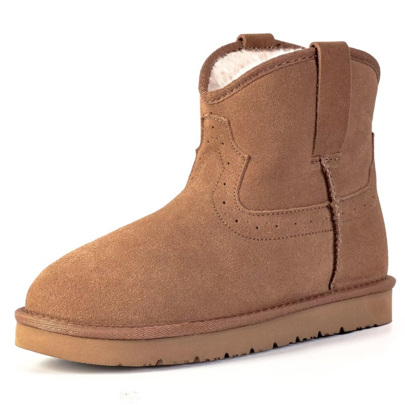 OOW 100% Genuine Leather Ankle Boots for Women, Warm Slip on Winter Boots Snow Booties - Image 1