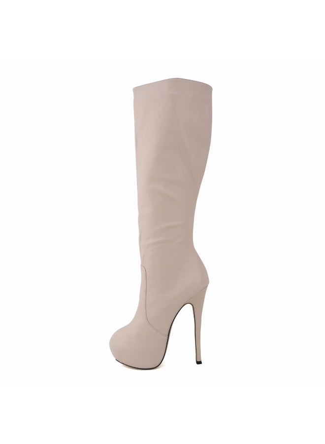 Loquat Faux leather ultra-high heel leg-slimming round-toe knee-high women's boots Heel height: 14cm, platform height: 4cm Nude - Image 1