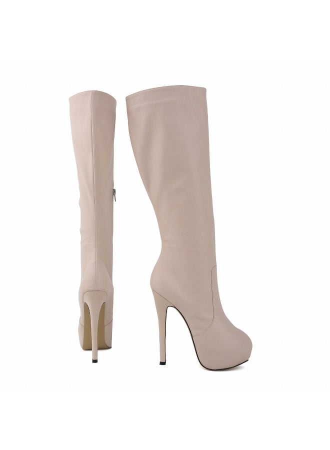 Loquat Faux leather ultra-high heel leg-slimming round-toe knee-high women's boots Heel height: 14cm, platform height: 4cm Nude - Image 3