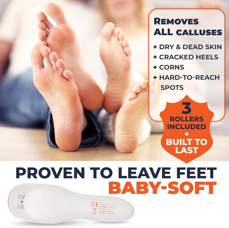 Own Harmony Electric Hard Skin Remover with Vacuum Absorption- Professional Pedicure Tools for Pedi Callus Foot Care - 3 Rollers Electronic Feet File CR2100 - Best for Dry, Cracked Heels (USB Cord) - Image 4