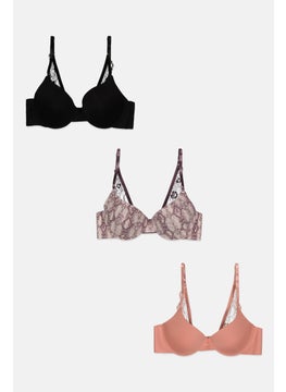 Women 3 Pack Snake Print And Plain Padded Underwire Bra, Black