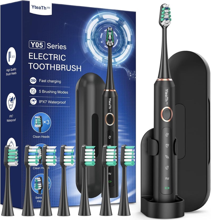 YTEATH PRO Electric Toothbrush Sonic Toothbrush for Adults and Children - Electric Toothbrush with 8 Brush Heads and 5 Modes. 90 Days Battery Life, 2 Minutes Smart Timer, Travel Case - Image 1