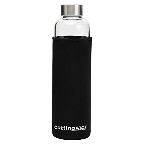 Cutting EDGE 500ml Borosilicate Round Glass Water Bottle Set of 1 with Black Portable Carrying Sleeve for School, Home, Office, Travel, Sport, Yoga, Gym, Hot, Cold Drinks (Transparent) - Image 1
