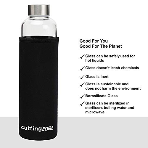 Cutting EDGE 500ml Borosilicate Round Glass Water Bottle Set of 1 with Black Portable Carrying Sleeve for School, Home, Office, Travel, Sport, Yoga, Gym, Hot, Cold Drinks (Transparent) - Image 4
