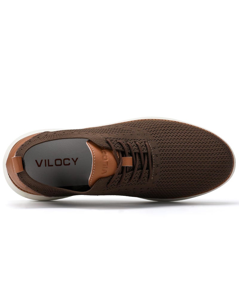 VILOCY Men's Dress Sneakers Oxfords Casual Business Shoes Lace Up Lightweight Walking Knit Mesh Fashion Sneakers Brown, EU44 - Image 4