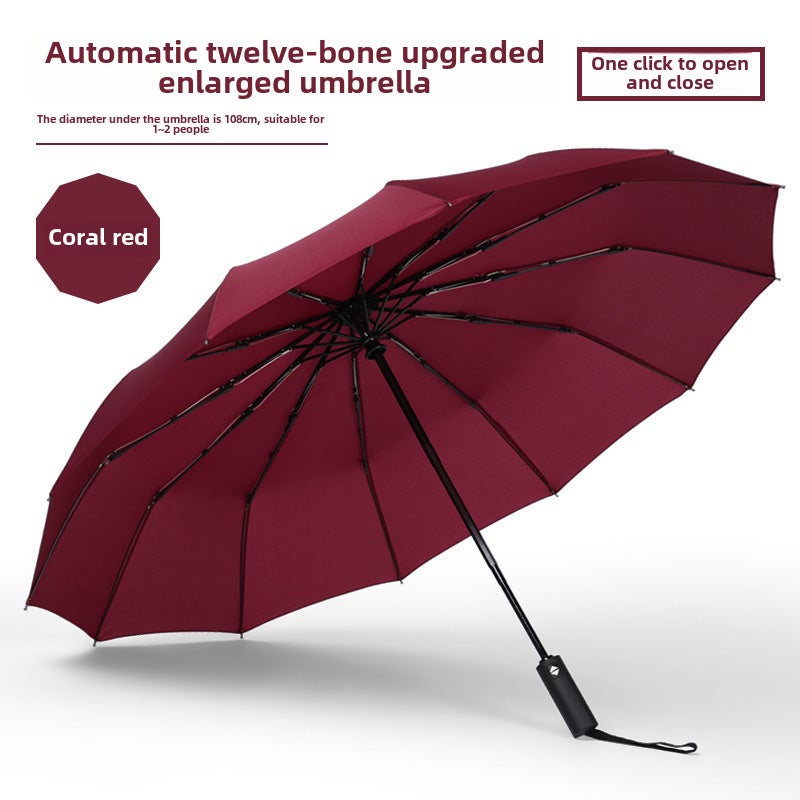 Automatic Folding Umbrella 12-Rib Large Size 12 bone wine red automatic slamming cloth - Image 1