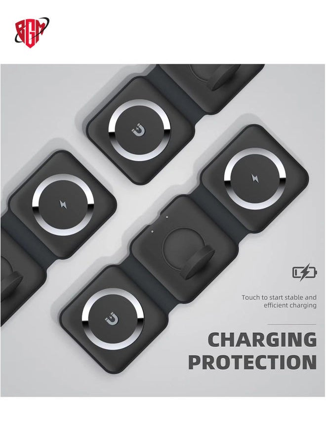 BGM - 3-in-1 Foldable Magnetic Wireless Charger 15W Mag-Safe Charging Station for iPhone, Apple Watch, and AirPods (Black) - Image 1