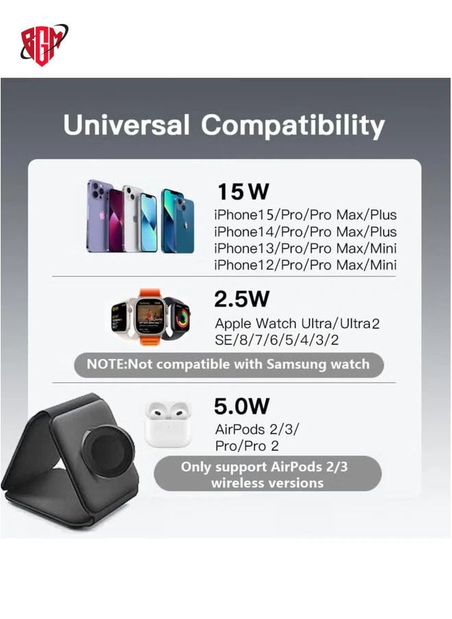 BGM - 3-in-1 Foldable Magnetic Wireless Charger 15W Mag-Safe Charging Station for iPhone, Apple Watch, and AirPods (Black) - Image 1