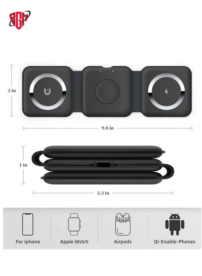 BGM - 3-in-1 Foldable Magnetic Wireless Charger 15W Mag-Safe Charging Station for iPhone, Apple Watch, and AirPods (Black) - Image 1