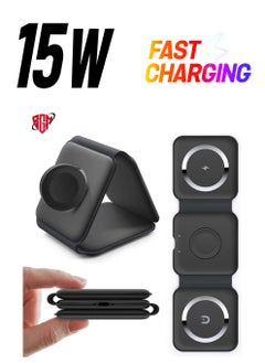 3-in-1 Foldable Magnetic Wireless Charger 15W Mag-Safe Charging Station for iPhone, Apple Watch, and AirPods (Black)