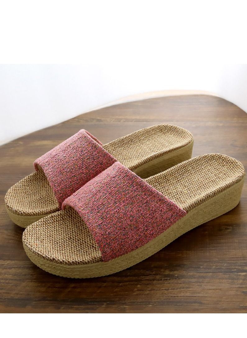 Loquat Simple Style Thick soled Flax Flat Slippers Non Slip Linen Indoor Slippers Open Toe Rose Pink 