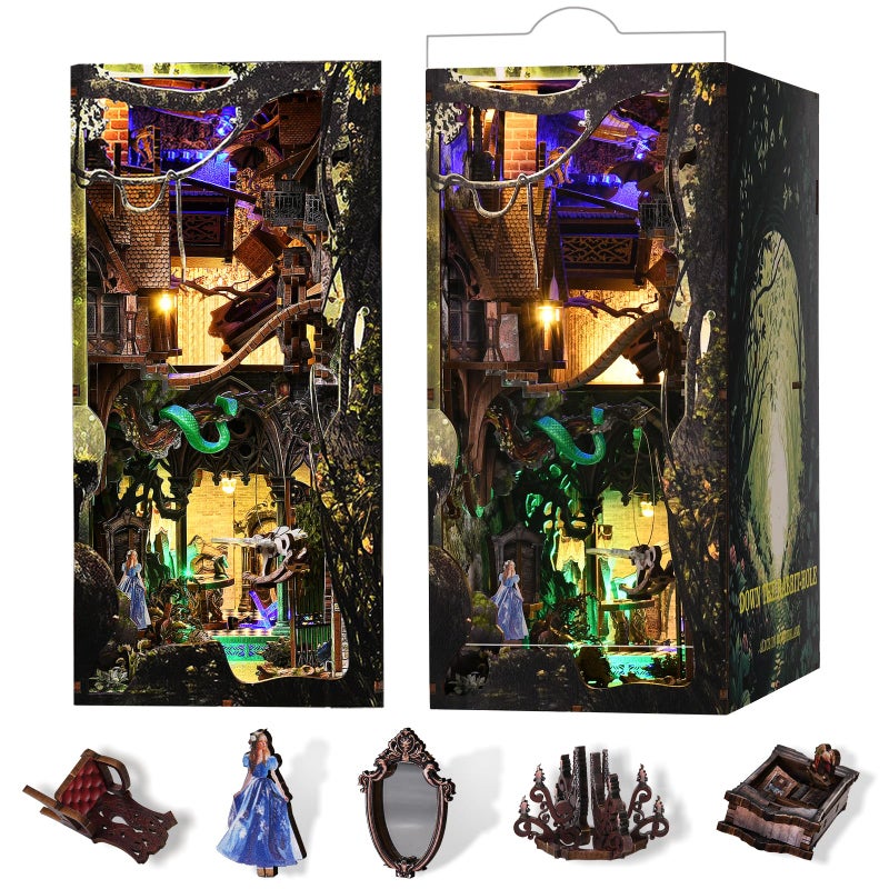 MiniCity DIY Book Nook Kit for Adults 3D Wooden Puzzle Bookend Bookshelf Insert Decor with LED Light and Dust Cover Down The RabbitHole Alice in Wonderland - Image 3