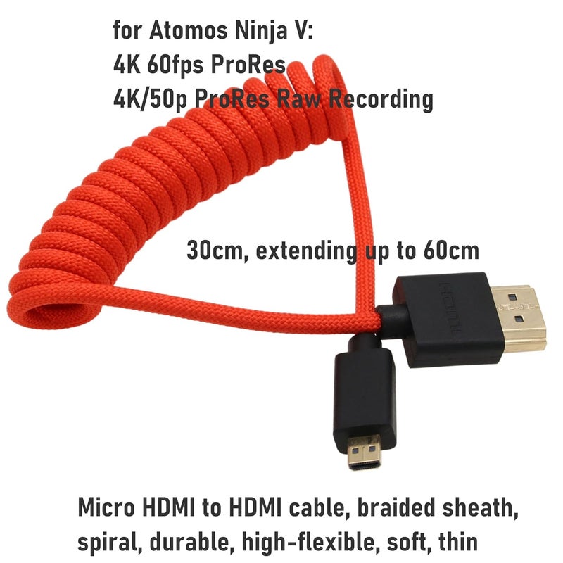 كابل Micro HDMI 4K120 8K60 Raw لـ ATOMOS Ninja V Ultra Shinobi، Sony ZV-E10 A7C A7R IV A6700، Canon R5C R100 R8 R6 M50 MKII، Nikon Fujifilm Sigma FP، بربطانة حمراء ملفوف 30 سم - Image 3