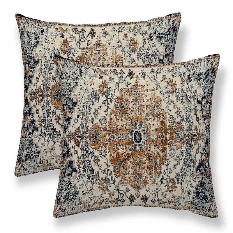 Sunshineyan Boho Throw Pillow Covers 20x20 Set of 2 Ethnic Carpet Pattern Pillow Covers Gold Blue Rustic Farmhouse Cushion Cases Linen Decorative Gifts for Couch Sofa Indoor Outdoor