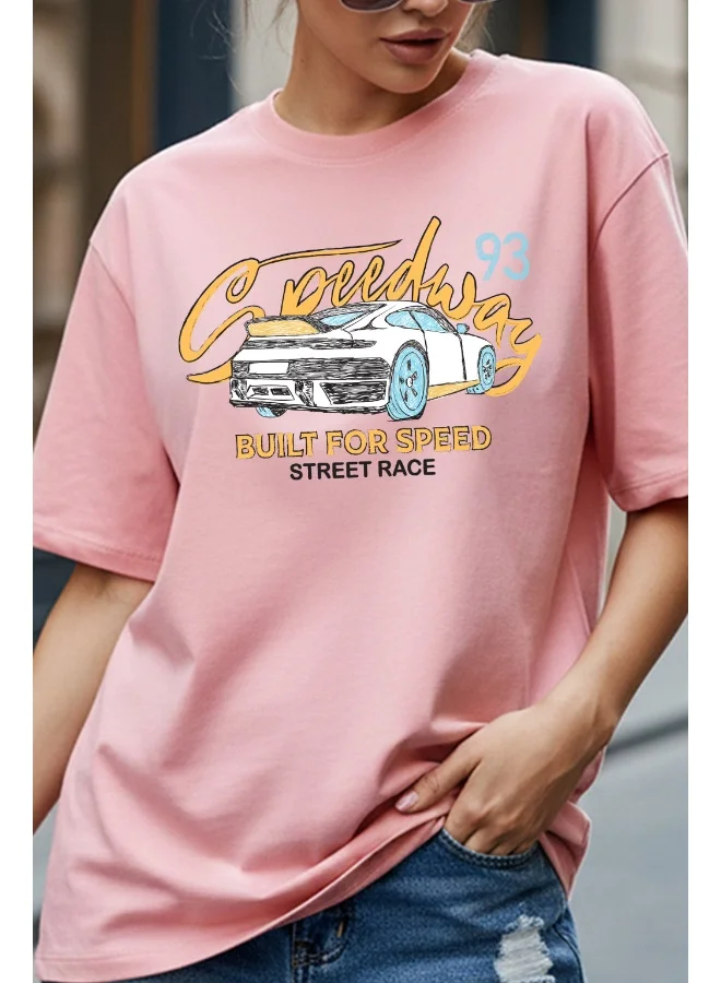 جونبيري JUNEBERRY ® Women’s Pure Cotton Oversized Baggy Fit Drop Shoulder Half Sleeve Round Neck Front Chest Printed T-Shirt (OS_JB_STRR_RW_L)