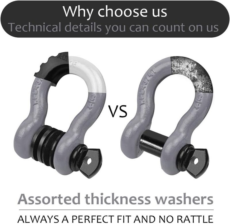 AUTOBOTS Shackles 3/4" (2 Pack), D Ring Shackle 45,000Ib Max Break Strength with 7/8" Pin & Isolator Washers Heavy Duty Clevis Tow Shackle for Tow Strap Jeep Vehicle Off Road Recovery Gray-Black - Image 4