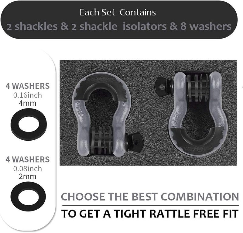 AUTOBOTS Shackles 3/4" (2 Pack), D Ring Shackle 45,000Ib Max Break Strength with 7/8" Pin & Isolator Washers Heavy Duty Clevis Tow Shackle for Tow Strap Jeep Vehicle Off Road Recovery Gray-Black - Image 3