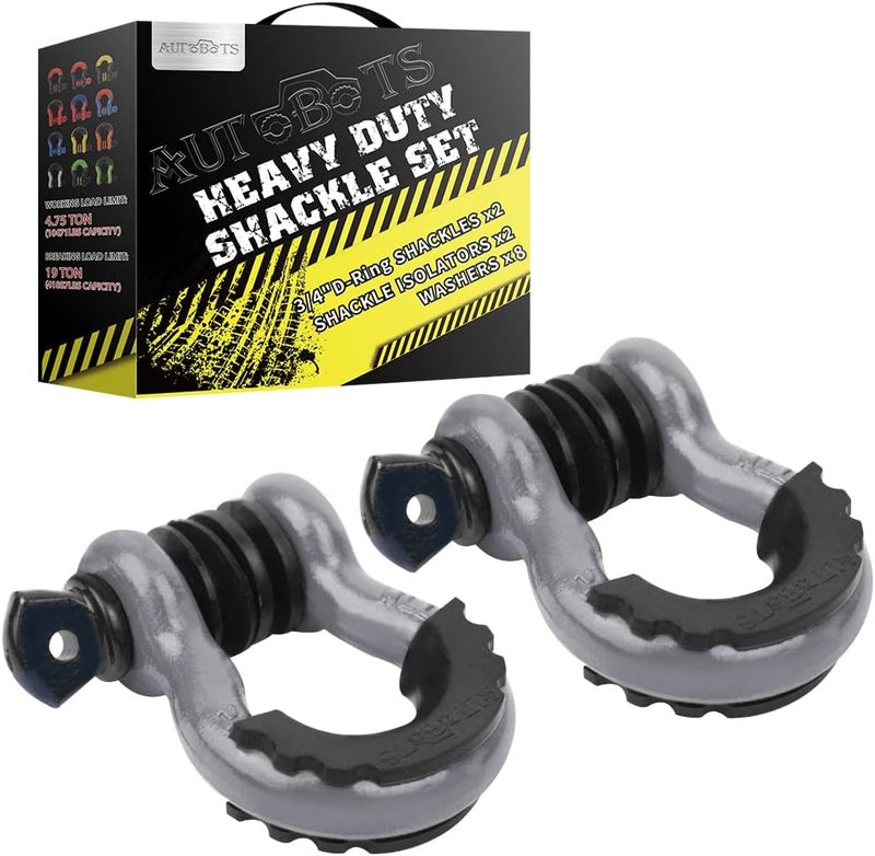 AUTOBOTS Shackles 3/4" (2 Pack), D Ring Shackle 45,000Ib Max Break Strength with 7/8" Pin & Isolator Washers Heavy Duty Clevis Tow Shackle for Tow Strap Jeep Vehicle Off Road Recovery Gray-Black - Image 1