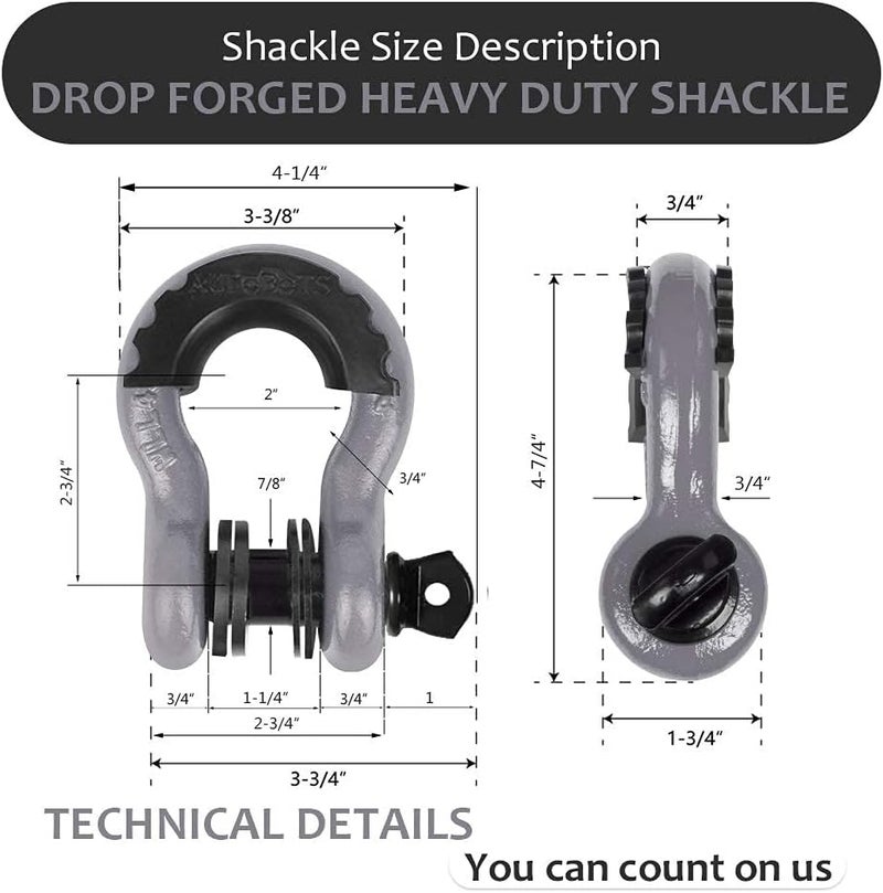 AUTOBOTS Shackles 3/4" (2 Pack), D Ring Shackle 45,000Ib Max Break Strength with 7/8" Pin & Isolator Washers Heavy Duty Clevis Tow Shackle for Tow Strap Jeep Vehicle Off Road Recovery Gray-Black - Image 2