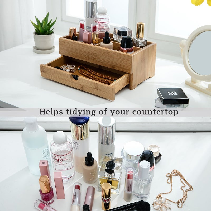 GOBAM Makeup Storage Drawer Organizer Bamboo Wood Cosmetic Display Box, Large Capacity Bathroom Beauty Countertop Organizer, Great for Bathroom Dresser - Image 4