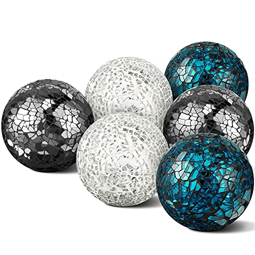 Decorative Ball Set 65cm 25 Inch Mosaic Glass Orbs Sphere Glass Centerpiece Balls Decorative for Bowls Vases Tables Wedding PartySliver Turquoise Black6 Pieces