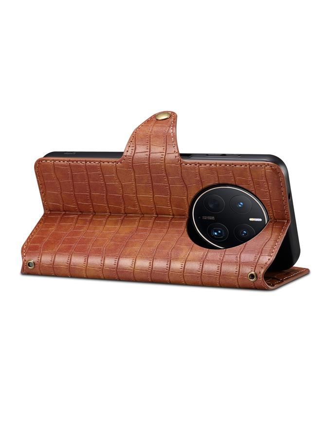 دينيور جراب لهاتف Huawei Mate 50 Pro مصنوع من الجلد مع حافة زيتية وملمس جلد التمساح - Image 4