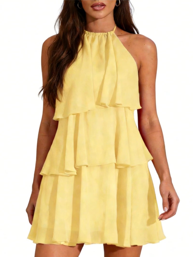 OYOANGLE Women's Sleeveless Layered Ruffle Backless Short Dress Sleeveless Ruffle Party Wedding Guest Dresses Yellow Large - Image 1