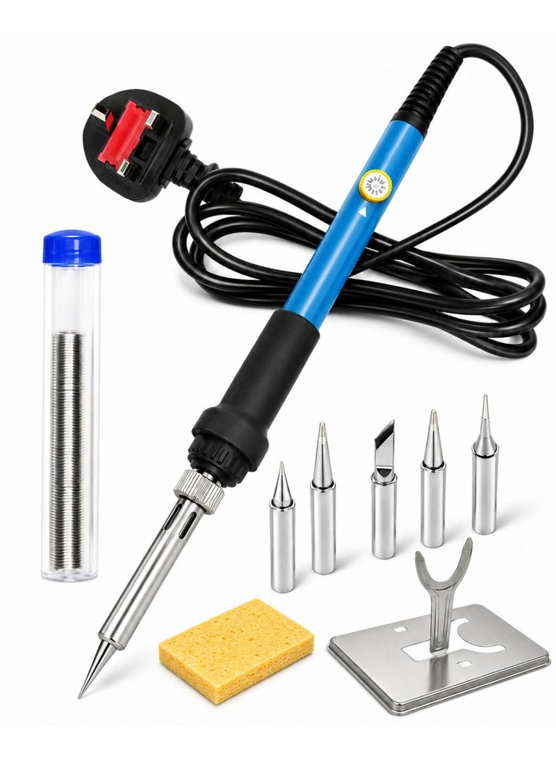 MUMO Soldering Iron Kit, 60w Electric Welding Soldering Iron Set, With 5 Replacement Soldering Tips, Iron Frame, Black/Blue/Silver - Image 1