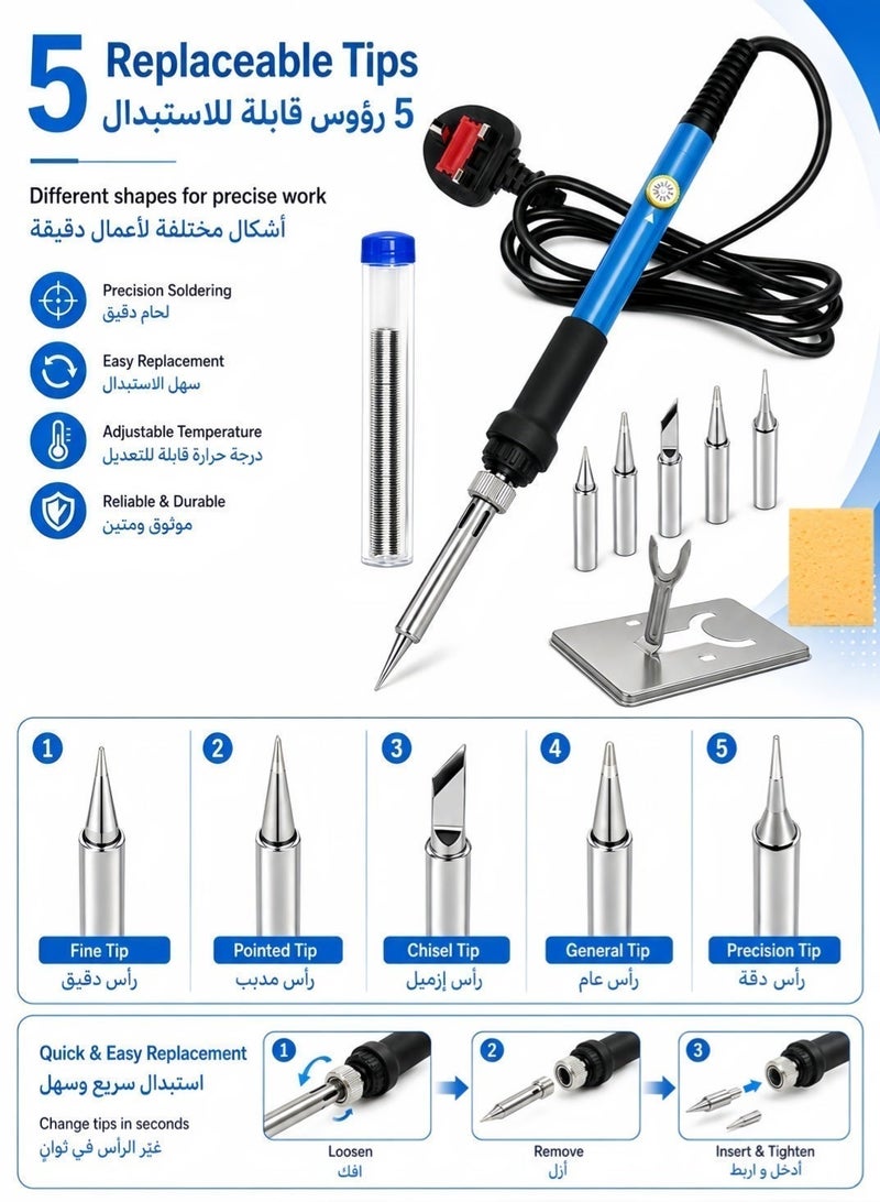MUMO Soldering Iron Kit, 60w Electric Welding Soldering Iron Set, With 5 Replacement Soldering Tips, Iron Frame, Black/Blue/Silver - Image 3