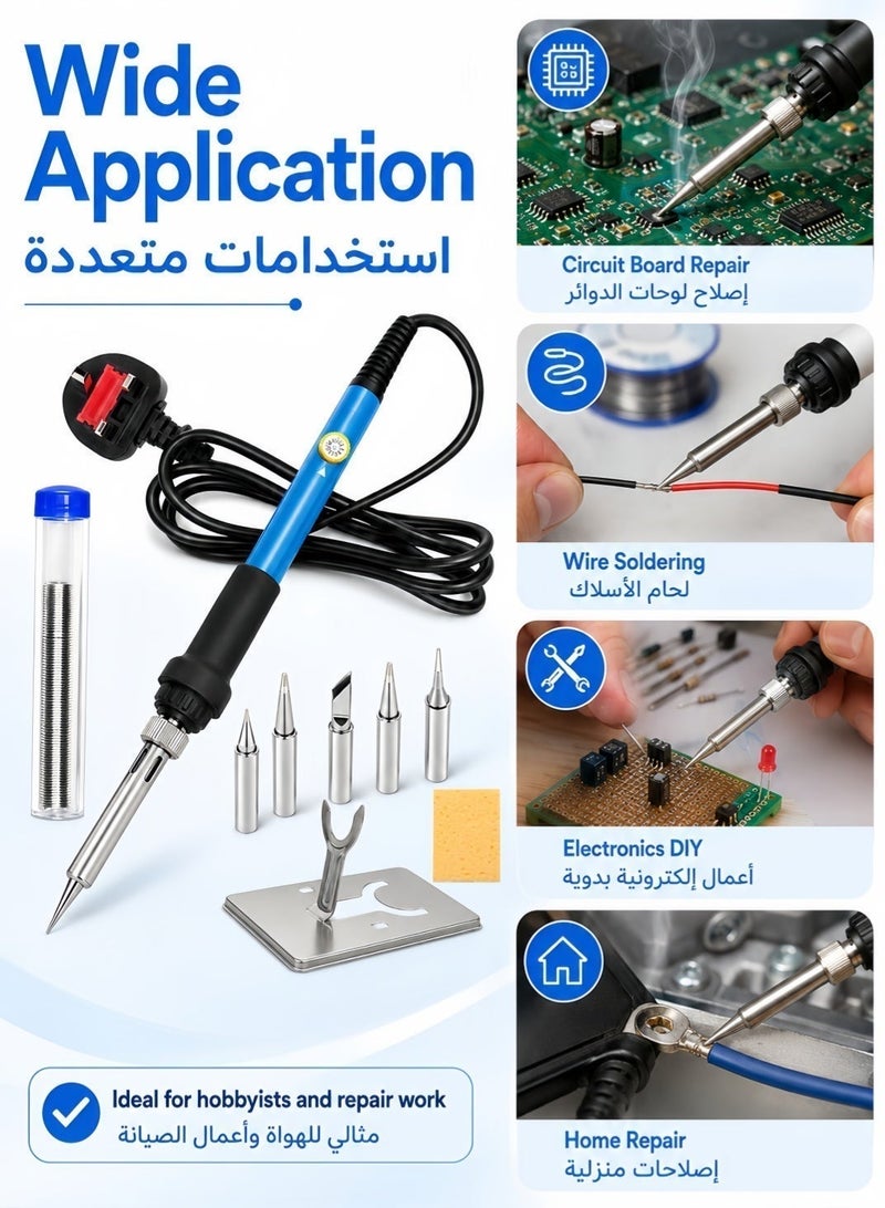 MUMO Soldering Iron Kit, 60w Electric Welding Soldering Iron Set, With 5 Replacement Soldering Tips, Iron Frame, Black/Blue/Silver - Image 4