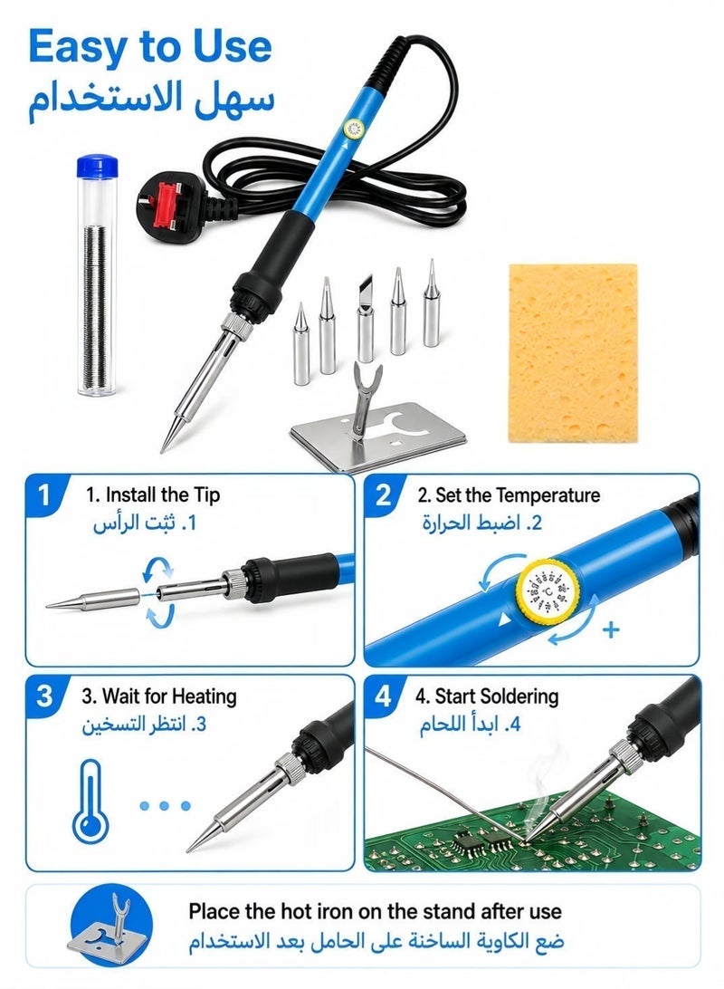 MUMO Soldering Iron Kit, 60w Electric Welding Soldering Iron Set, With 5 Replacement Soldering Tips, Iron Frame, Black/Blue/Silver - Image 2