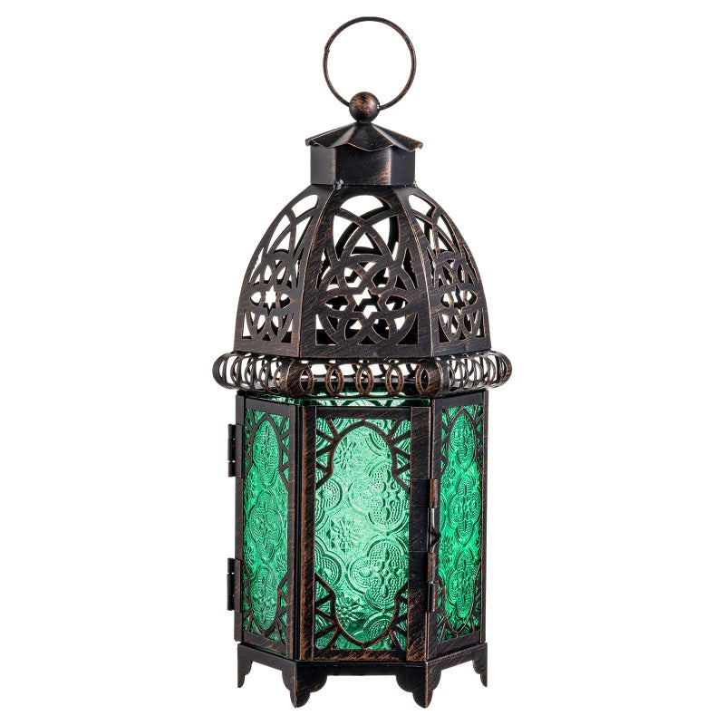 NEEDOMO Hanging Moroccan Lantern, 12.8'' Vintage Candle Holder, Metal Lanterns Decorative Indoor Outdoor, Table, Patio, Porch, Shelf, Gothic Home Decor (Green, Large Size) - Image 1