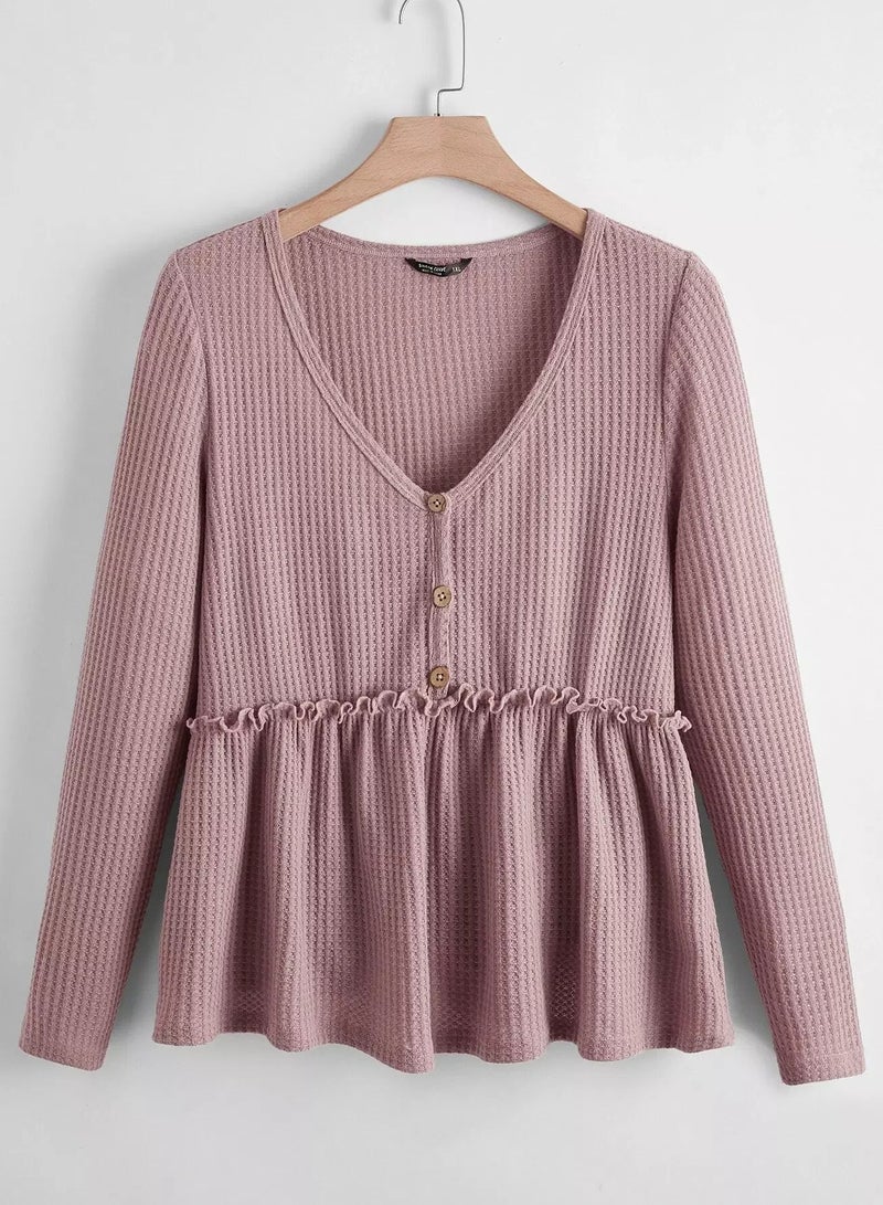 Plus Buttoned Front Frill Trim Waffle Knit Peplum Top  - Image 1