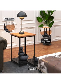 RIGID Steel End Table with Storage Shelf & Wooden Top Black 72x45x45cm  - Image 5
