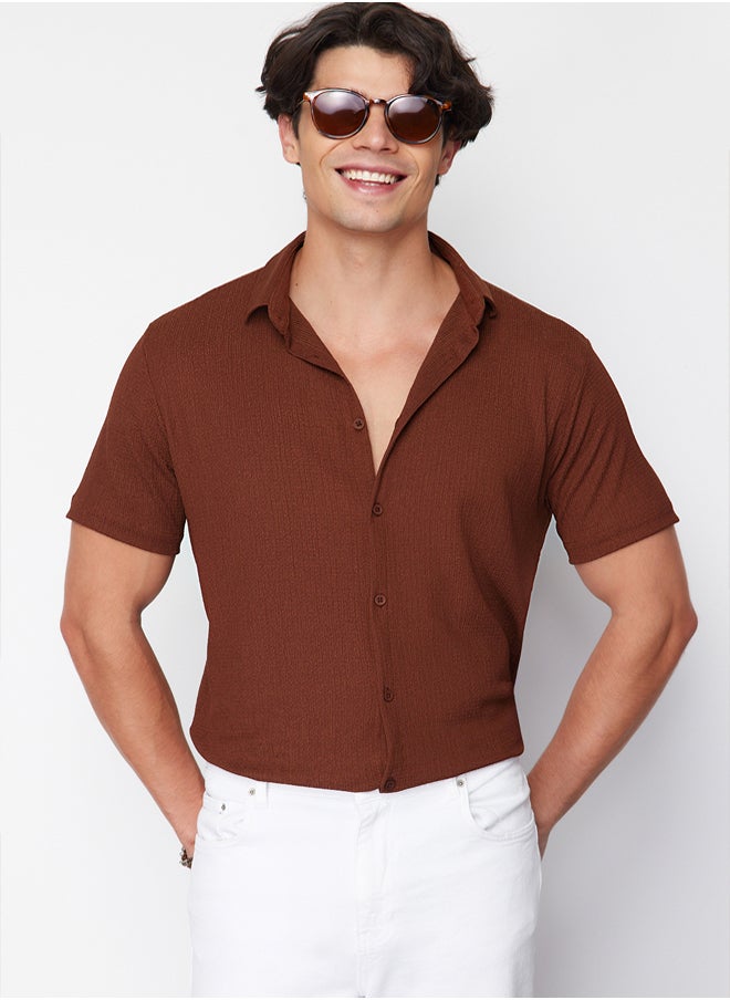 trendyol Brown Regular Fit Short Sleeve Summer Textured Crepe Knit Shirt  - Image 3