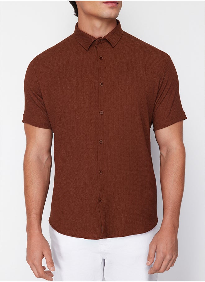 trendyol Brown Regular Fit Short Sleeve Summer Textured Crepe Knit Shirt  - Image 5