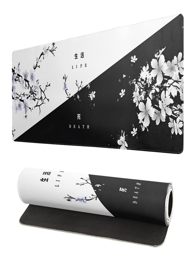 Siski Black and White Japanese Cherry Blossom Gaming Mouse Pad Sakura Death Life Flower Mat 31.5x11.8 Inch Texture Non-Slip Rubber Base Mousepad Stitched Edges Keyboard Desk Pad for Office Home Game - Image 1
