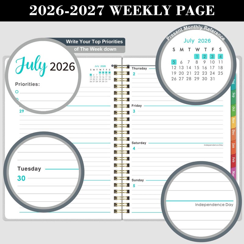 Tersus Planner 2026-2027 - Academic Planner 2026-2027, Jul. 2026 - Jun. 2027, 6.3'' x 8.4'', Weekly and Monthly Planner 26-27 with Back Pocket, Transparent PP Cover, Colorful Monthly Tabs - Image 5