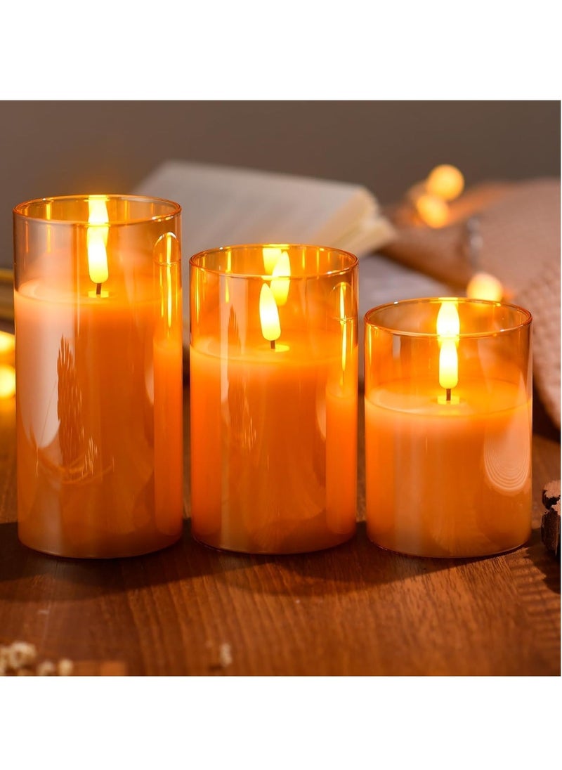ELTRAZONE Set of 3 Glass LED Flameless Pillar Candles – Real Wax, Flickering Wick, Battery-Powered with Remote & Timer, Elegant Gold Finish for Home, Weddings & Festivals - Image 4